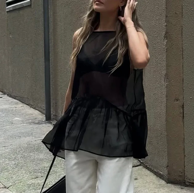 Sexy O-Neck Sleeveless Vest Elegant Classic See Through Solid Top Female Clothing Summer Loose Black Women Tank Top