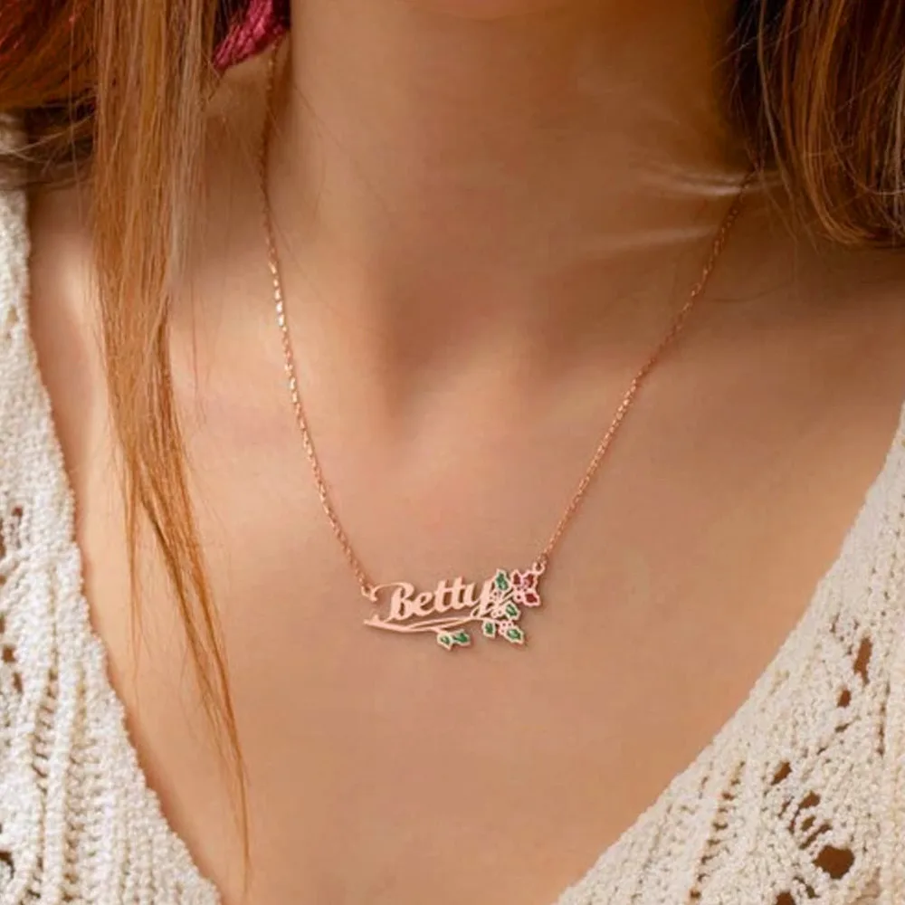 2023custom Name Birth Flower Necklace With Birthstone Colorful Enamel Handwriting Signature Personalized Nameplate Jewelry Gifts
