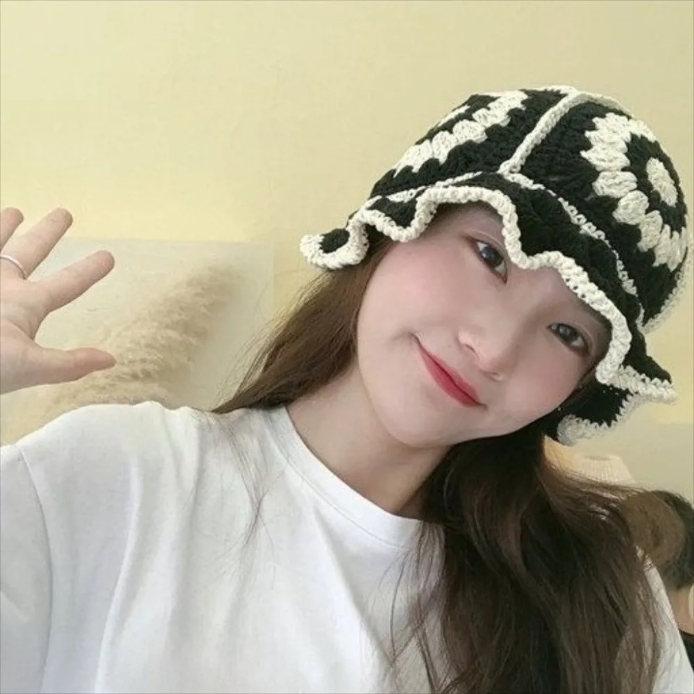 

Fashion Fleece thread Knitted Fisherman Hat Hollow Korean Style Flower Sun Hat Bucket Hat Daily