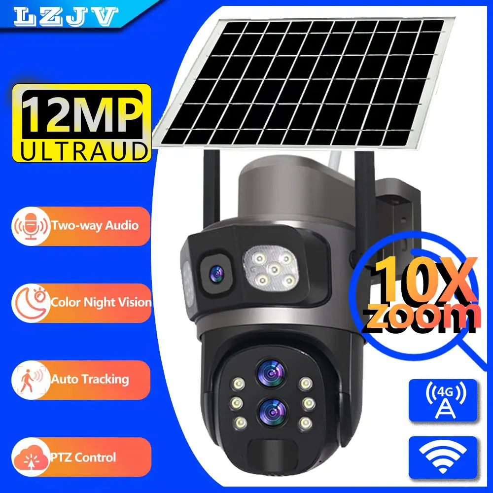 

LZJV WiFi/4G 6K UHD 12MP Dual Lens Solar Camera Outdoor Security Surveillance Cameras Solar Panel Human Detection PTZ CCTV Cam