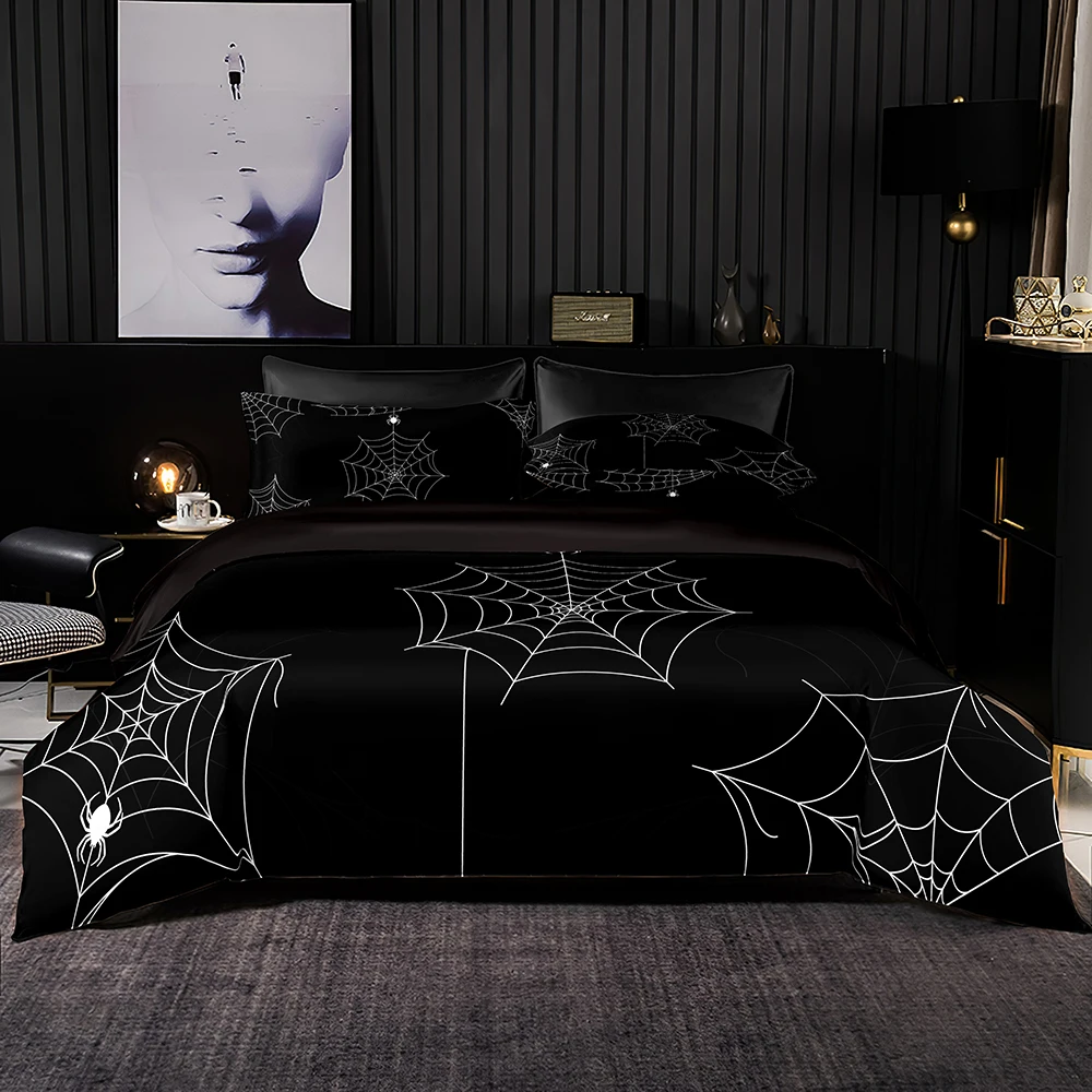 

Spider Web Pattern Duvet Cover Set,Double King Size Bed Quilt Cover with Pillowcases,black Faux Satin Bedding Set Queen