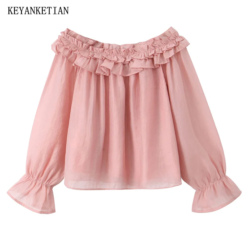 KEYANKETIAN 2024 New Launch Women's Organza shirt Fairy Chic Tiered Slash neck Lantern Sleeve  Pink Pullover Sweet Short Blouse