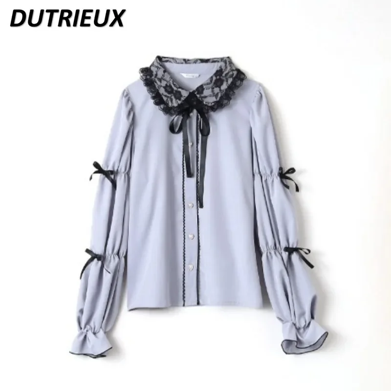 Spring Autumn New Cute Girls Lace Bow Lolita Solid Color Tops Sweet Drawstring Mine Flared Long Sleeve Shirt for Women