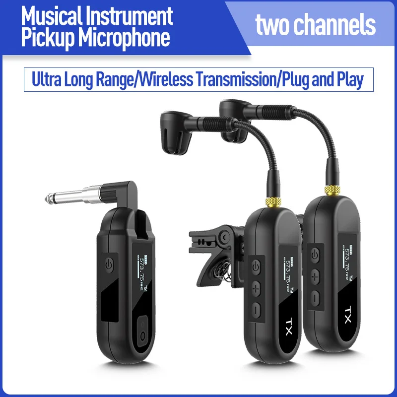 Professional UHF Wireless Microphone Guitar Transmitter Receiver System Clip-On Instrument Microphone for Sax and Trumpet