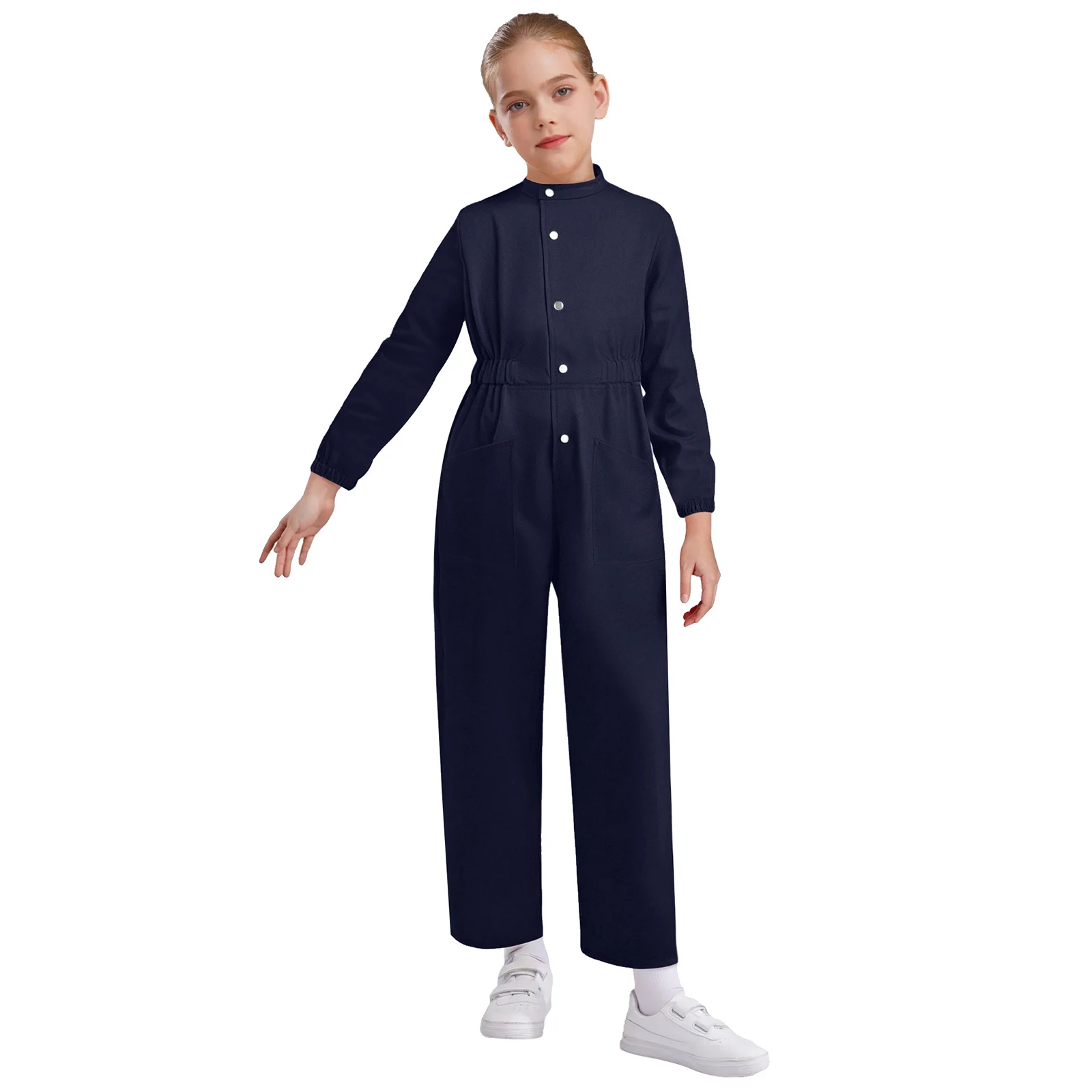 

Kids Girls Coveralls Jumpsuit Mechanic Boiler Suit Solid Color Press Buttons Long Sleeve Elastic Waist Straight-Leg Rompers