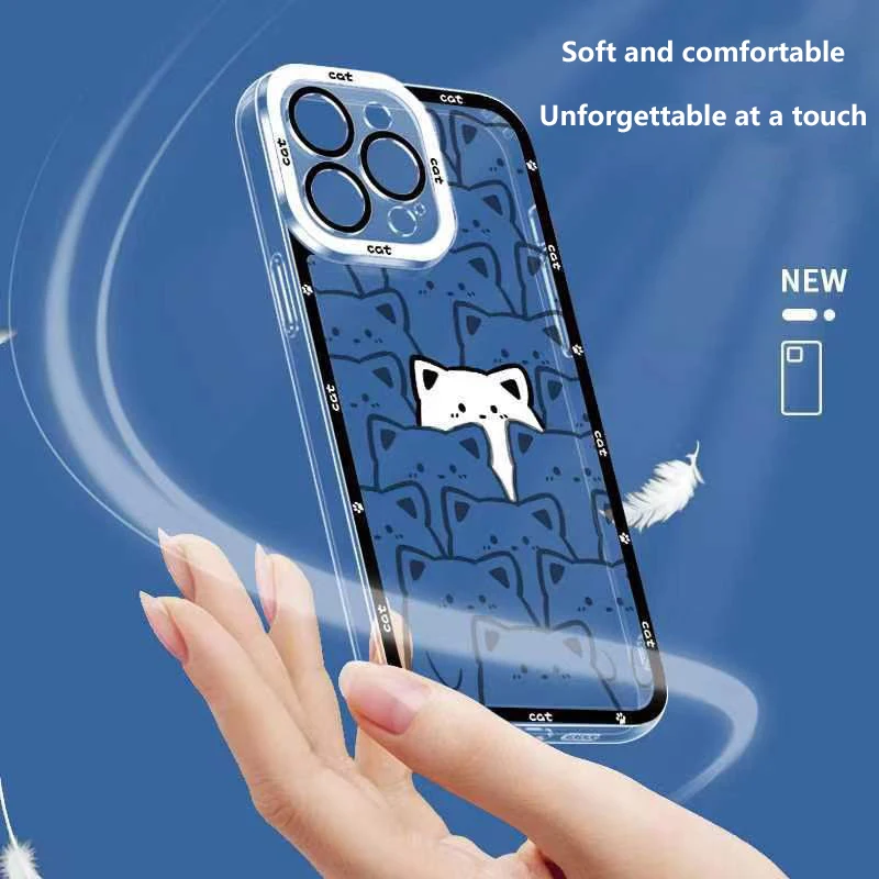 Funda de teléfono suave con dibujos animados de gato para iPhone, carcasa transparente para iPhone 11, 14, 13, 12 Pro Max, Mini, 7, 8 Plus, 15 Pro