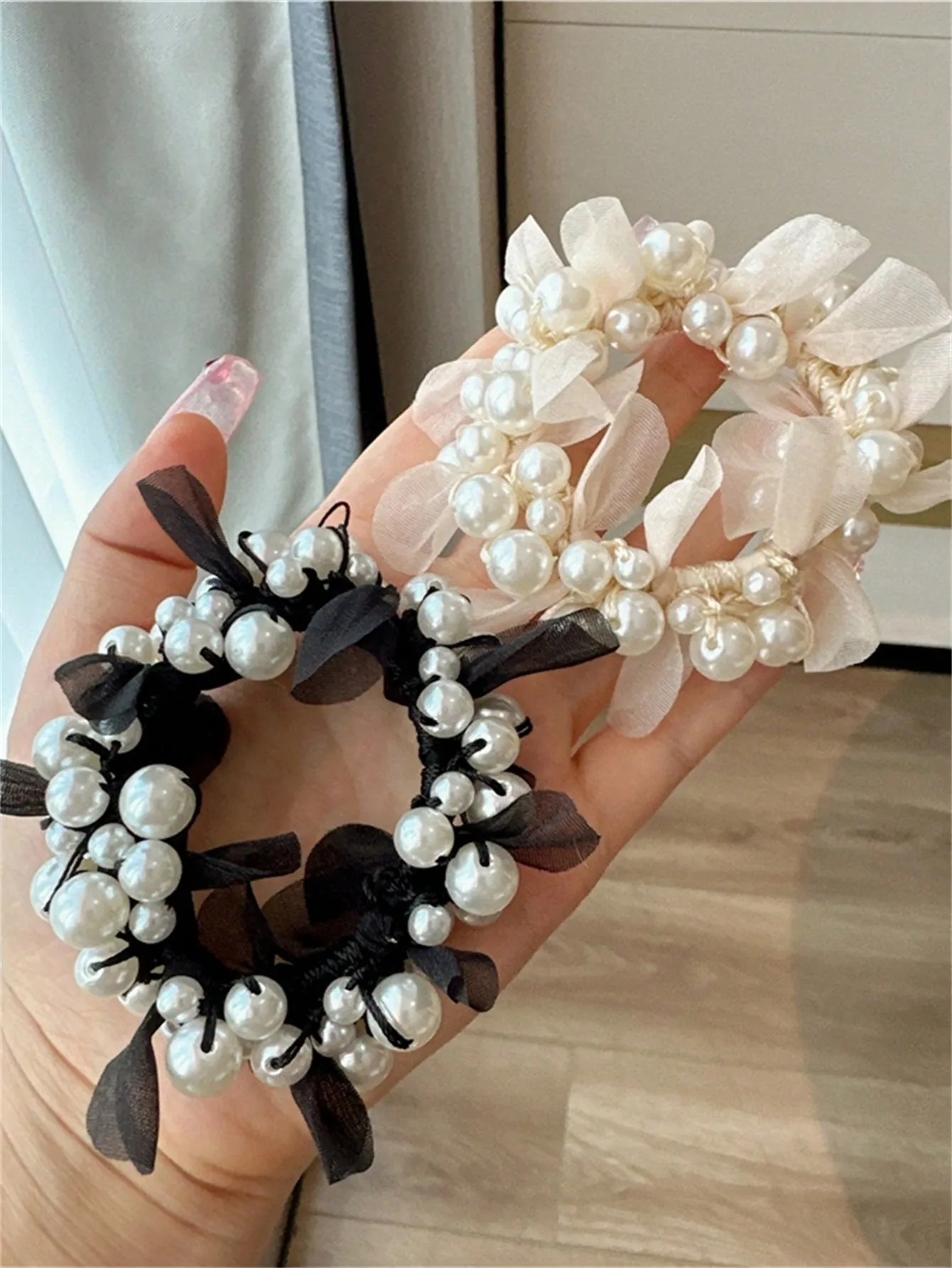 1 women\'s summer new temperament pearl scrunchie hair string bun hair band headdress