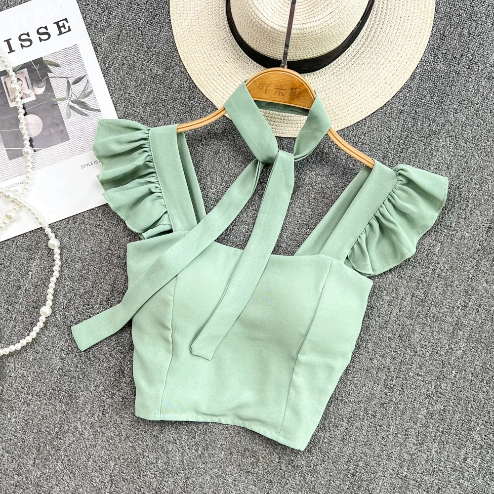 Sexy  Ruffle Off Shoulder Slim Top Chic Straps Camis Slim Korean Tanks Top Elegant  Crop Top Summer Women Bustier