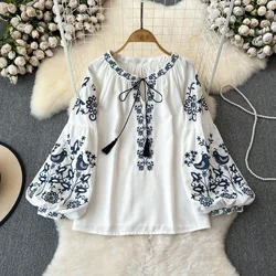 Women's Retro Blouse National Style Embroidered Lace-Up Tassel V-Neck Lantern Sleeve Tops Loose Casual Female Shirt A28