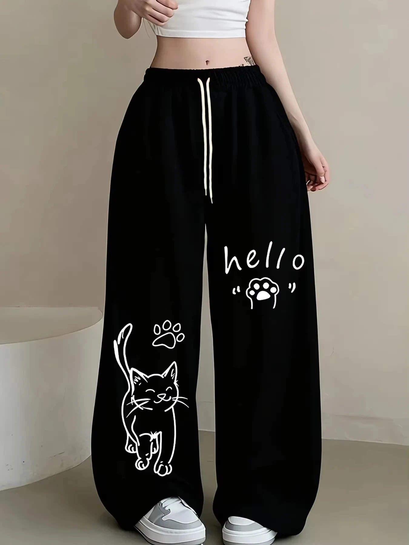 Unisex Quick Dry Sports Casual Straight Pants Cute Cat Cartoon Print Trousers Streetwear Wide Leg Hip Hop Jogger Sweatpants