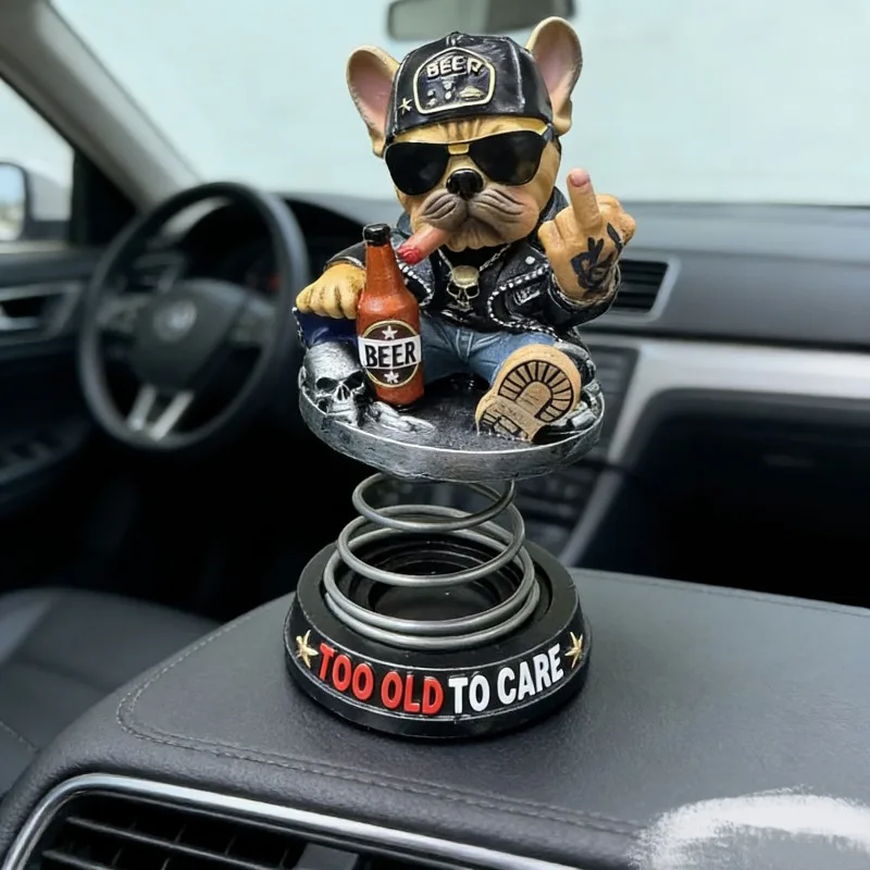 Image of Biker-French-Bulldoggen-Auto-Armaturenbrett-Deko, Wackelnde Feder-Bulldoggen-Figur, Retro-Motorrad-Stil Harz-Ornament für Auto, Zuhause, Geschenk