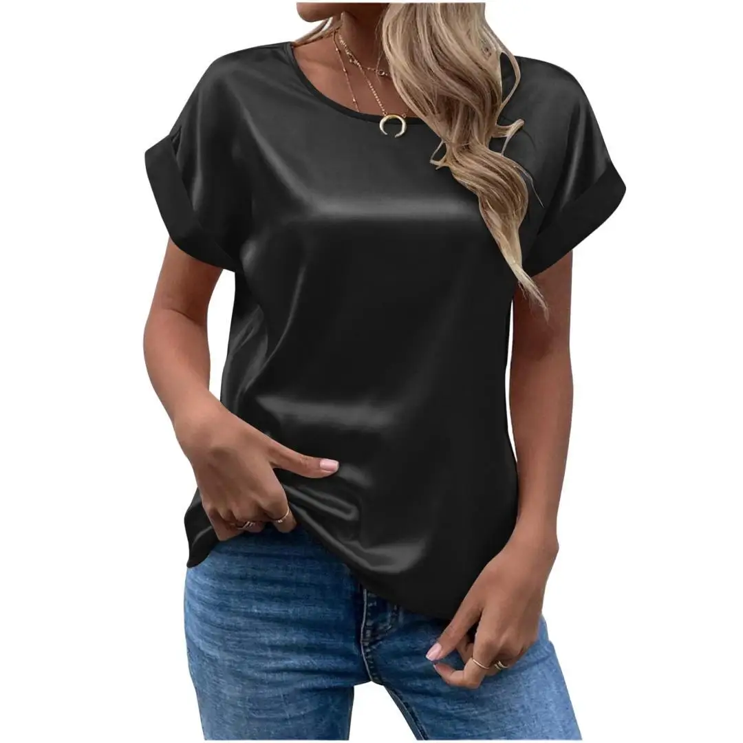 Temperamental Satin Women Shirts and Blouses Lady Trend 2024 Straight Women\'s Traff Woman 2024 T-shirt Pullover Crew Neck Kadın