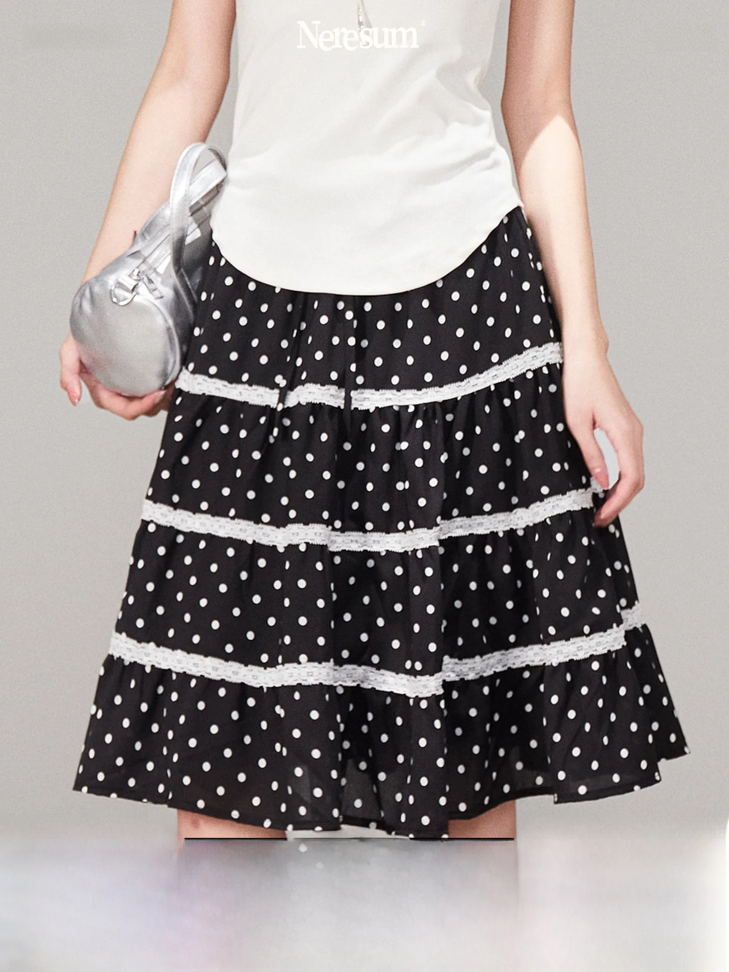 

Sweet A-Line Midi Skirt with Lace Splicing for Women Polyester Fiber mid Waist Design Spring Summer Fashion Ladies Skirts