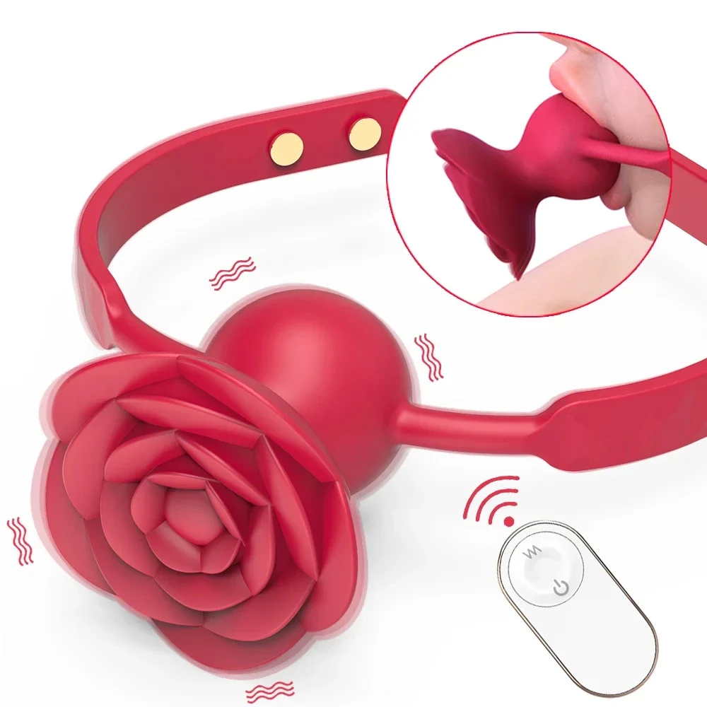 

Strap on Rose Vibator Mouth Plug Bondage Slave Ball Gag BDSM Punishment Prop Adult Games Sex Tools for Woman Couples Adjustable