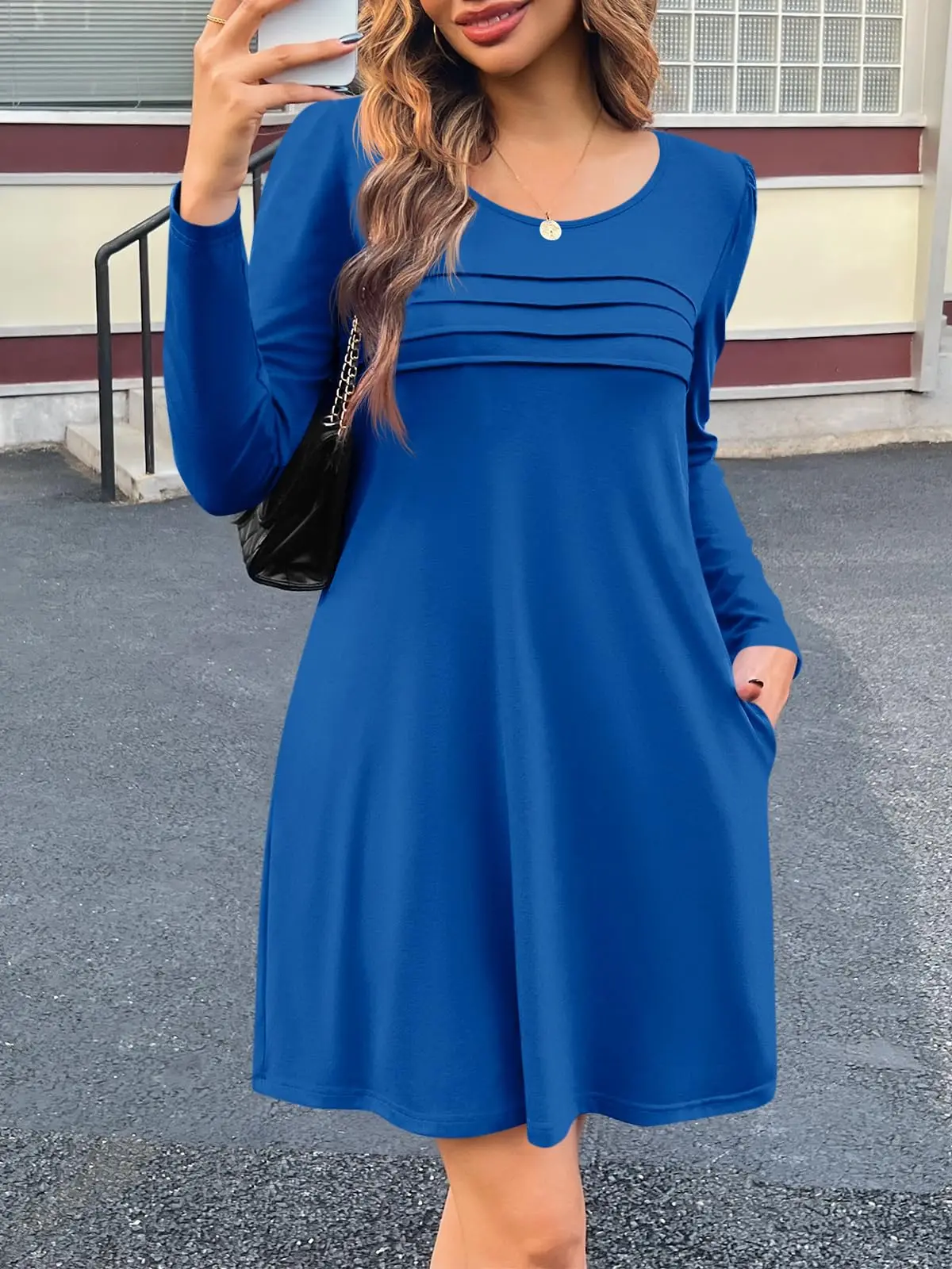 فستان نسائي طويل الأكمام خريفي كاجوال تي شيرت فضفاض مناسب بطيات أمامية فساتين قصيرة مع جيوب