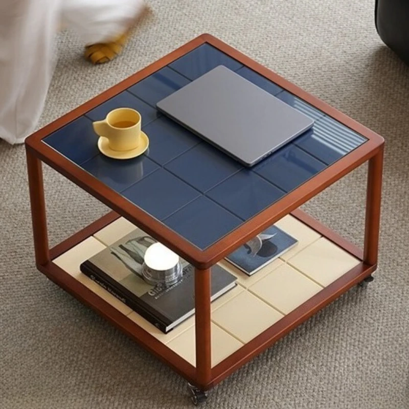 Solid wood edge few tempered glass chessboard mobile coffee table, living room edge few groups