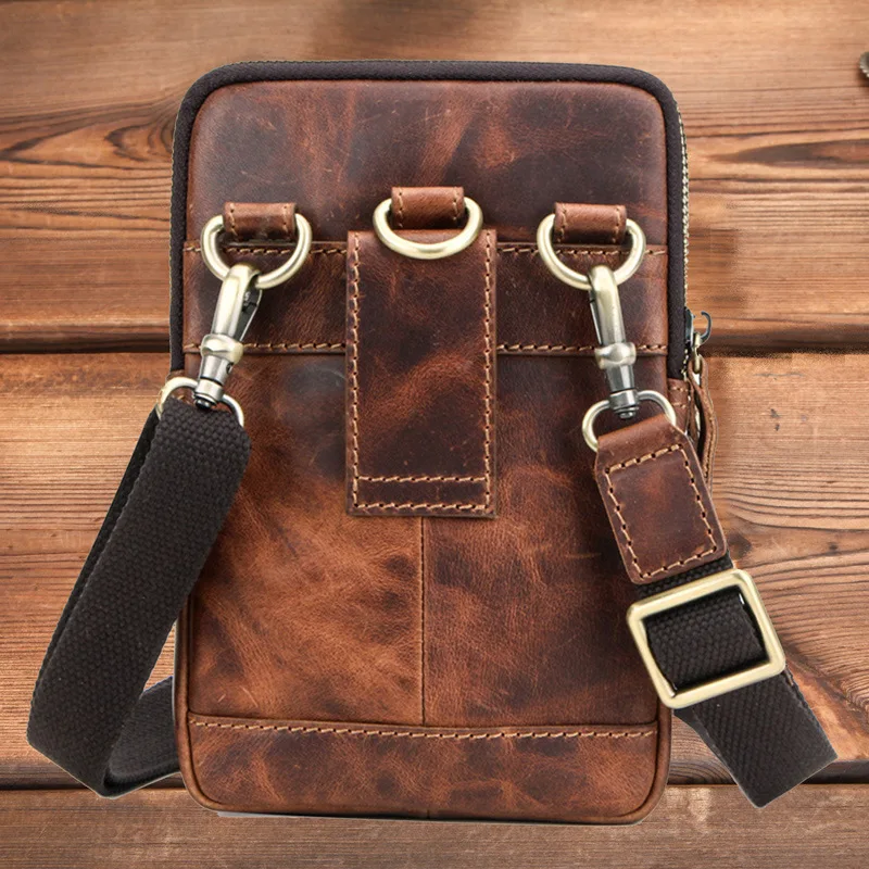 British Style Top Layer Cowhide Crazy Horse Cowhide Men One Shoulder Crossbody Bag Fashion Casual Leather Sports Phone Waistpack