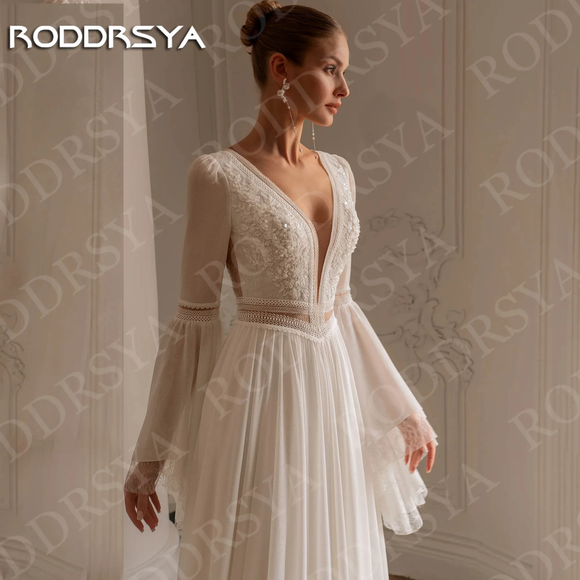 Gaun Pengantin Boho RODDRSYA Lengan Lonceng 2026 Wanita Renda Leher V Dalam Chiffon A-Line Gaun Pengantin Bohemian Aplikasi Kustom
