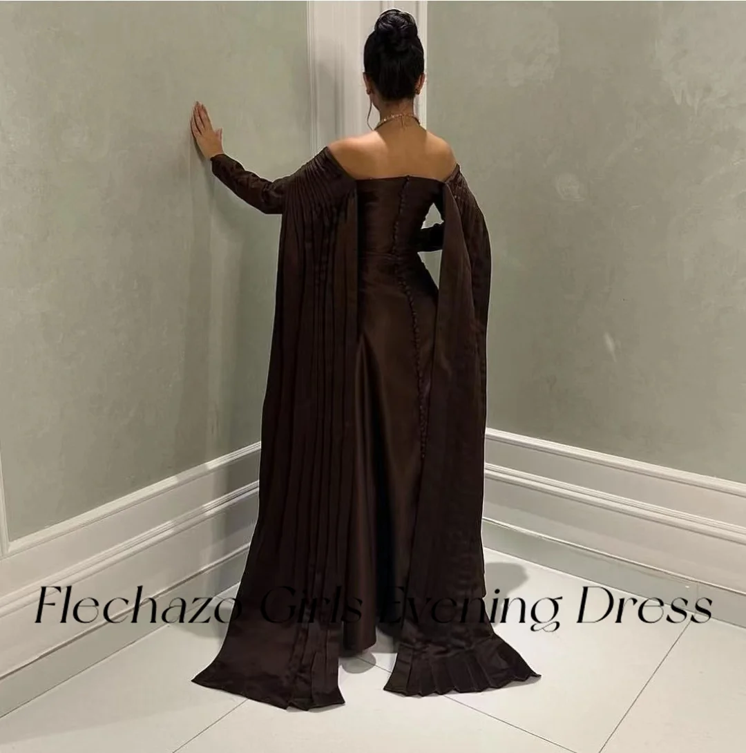 Flechazo Brown Prom Dresses Off Shoulder Pleated Floor-Length Full Sleeves Party Occasion Dress For Women 2024 فساتين السهرة