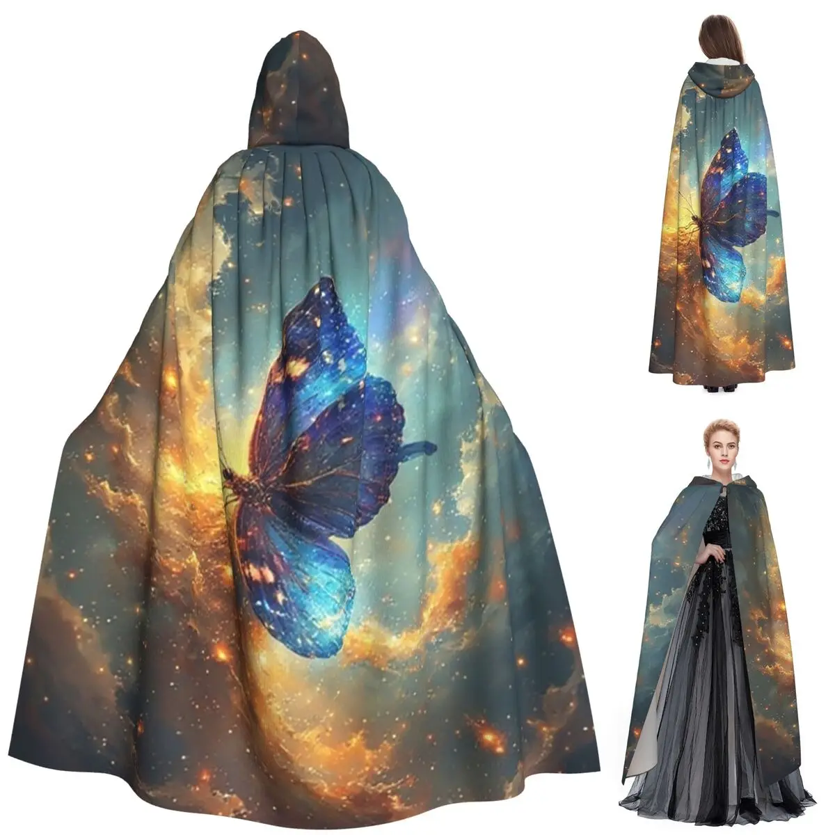 

Галактика Синяя Бабочка Длинный Плащ С Капюшоном Ведьма Средневековый Костюм Косплей Накидка Хэллоуин Вампир Взрослый Унисекс