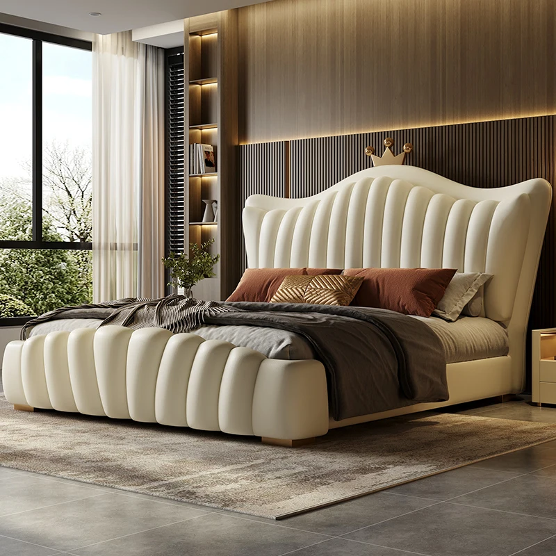 Light Luxury Leather Bed Modern Simple 1.51.8 M Double Master room Marriage  Soft Bag Cream Style