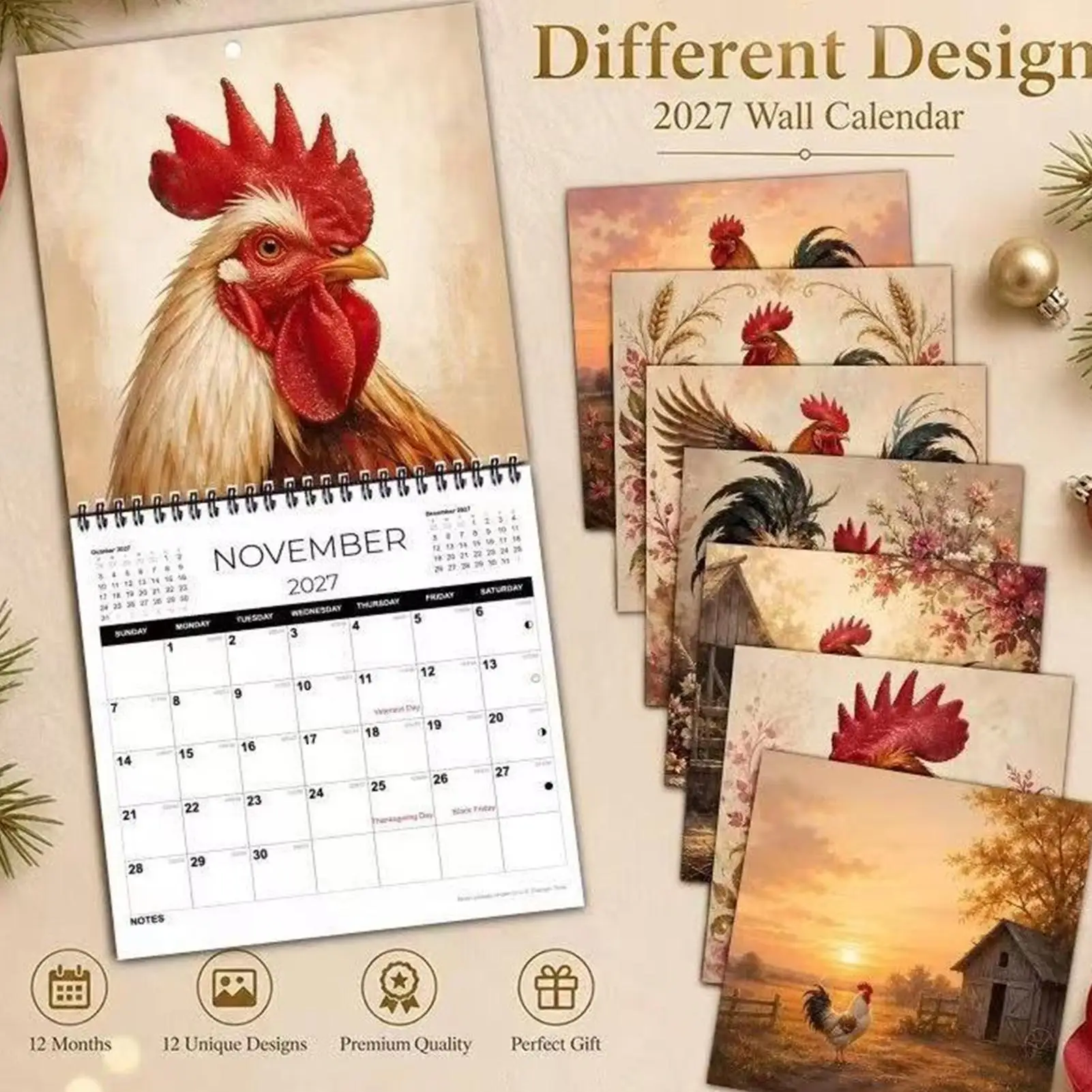 2027 Wall Calendar,12 Month Hanging Monthly Planner,Square Farmhouse Rooster,US Holidays Lunar Phases, Aesthetic Wall Decor Gift