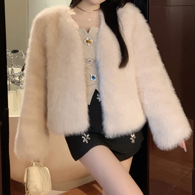 Elegant Faux Fur Coat Women Fluffy Jacket Korean Party Furry Outwear Winter Fashion Plush Overcoat New