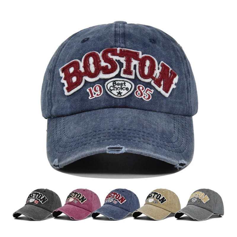 Casquette de baseball en denim délavé de style rétro, chapeau de soleil, casquette d\'opérabilité BOSTON, casquette d\'aviation, logo personnalisé,