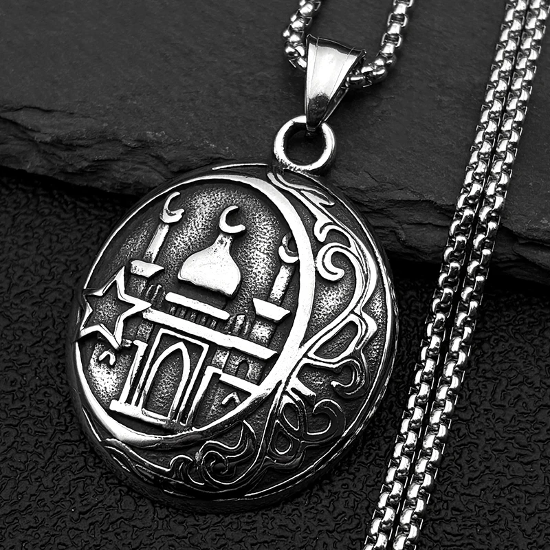 

Muslim Islam Arab Crescent Moon Star Mosque Pendant Necklace for Women Men Silver Color Vintage Stainless Steel Chain Jewelry
