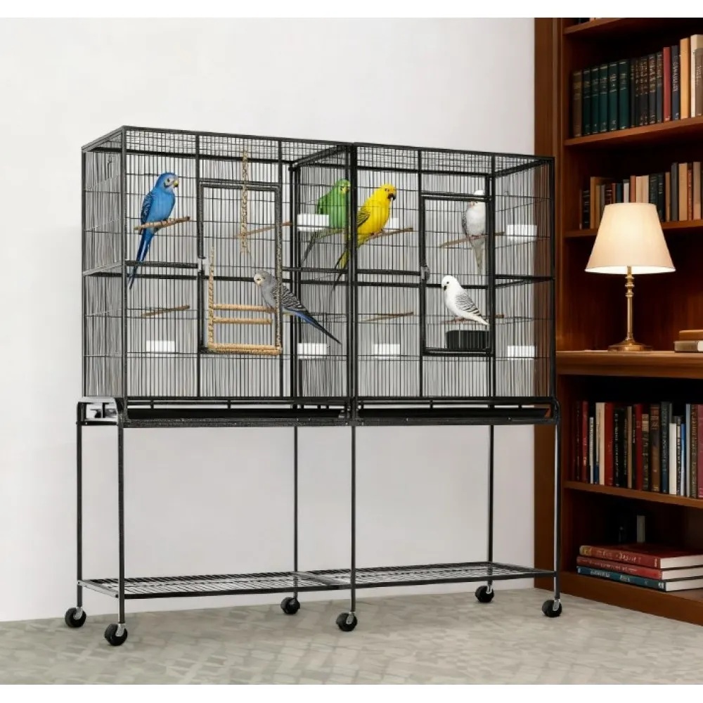 

Roomy Bird House,Rolling Bird Cage,with Storage Shelf Wood Perch Food Container