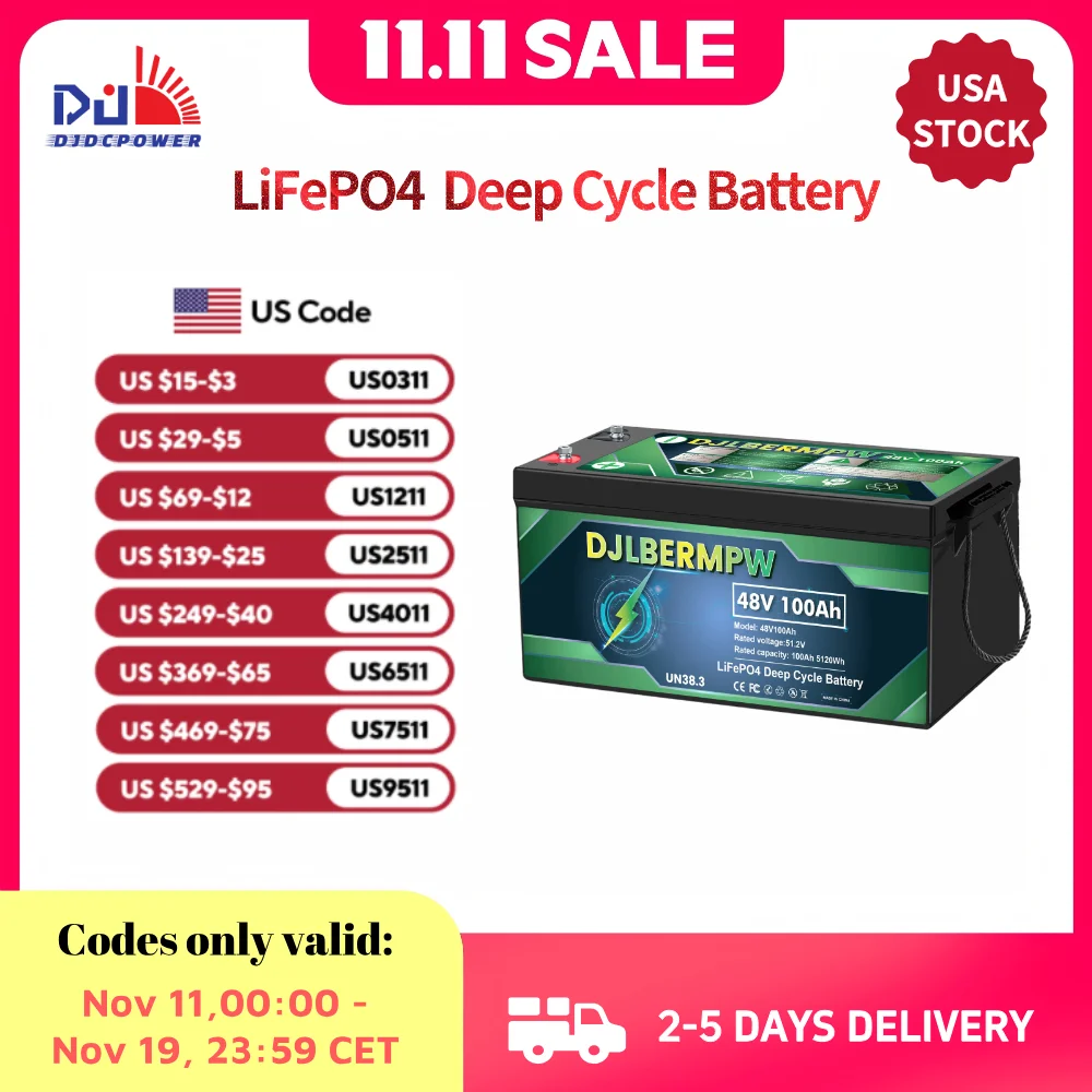 

DJLBERMPW 48V 100Ah LiFePO4 Battery Lithium Iron Phosphate Batteries Built-in 100A BMS 5120Wh 48V Golf Cart Battery for Solar RV