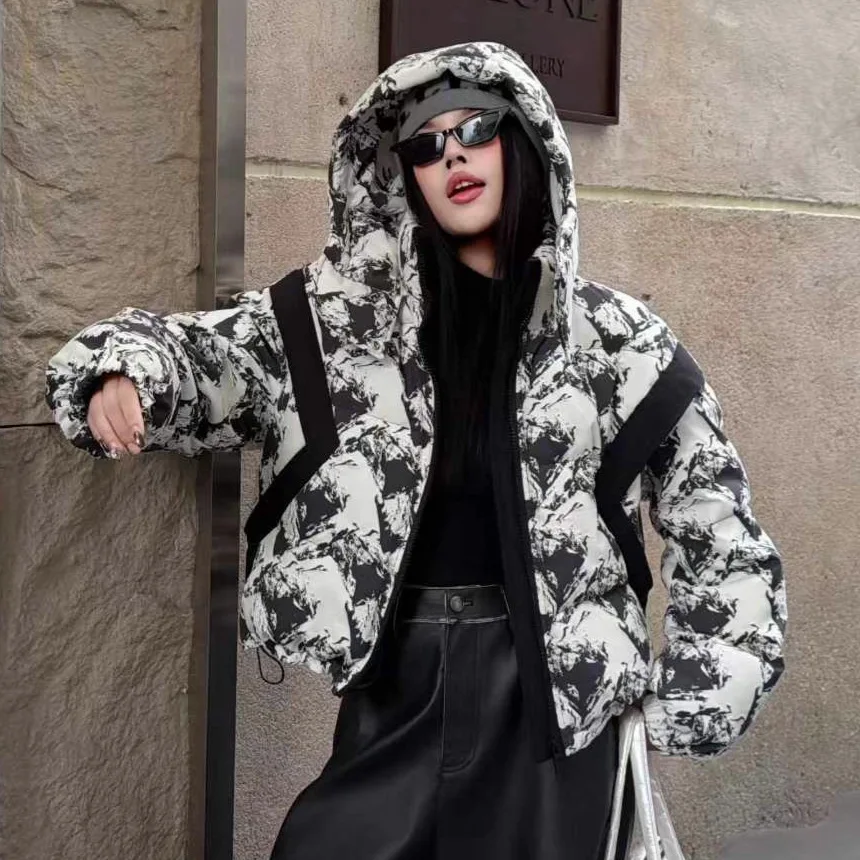 

Graffiti Letter White Down Duck Jacket for Women Winter Print Hooded Parker Patchwork Coat Female Zipper Warm Thick Outwears