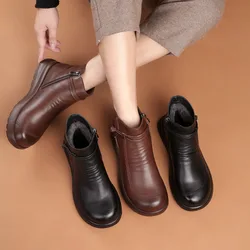 Winter Fashion Women Genuine Leather Ankle Boots Female Thick Plush Warm Snow Boots Mother Waterproof Non-slip Booties Big Size