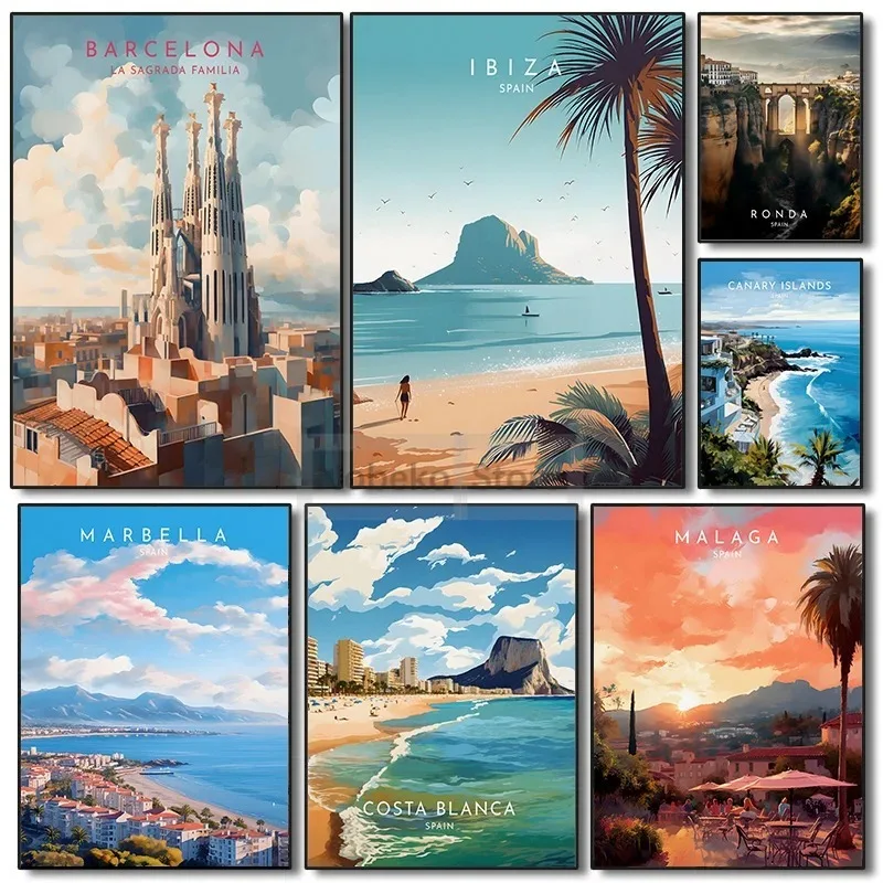 Spain Travel Poster Barcelona Malaga Ibiza Ronda Lanzarote Watercolor Prints Canvas Painting Wall Art Pictures Home Room Deco
