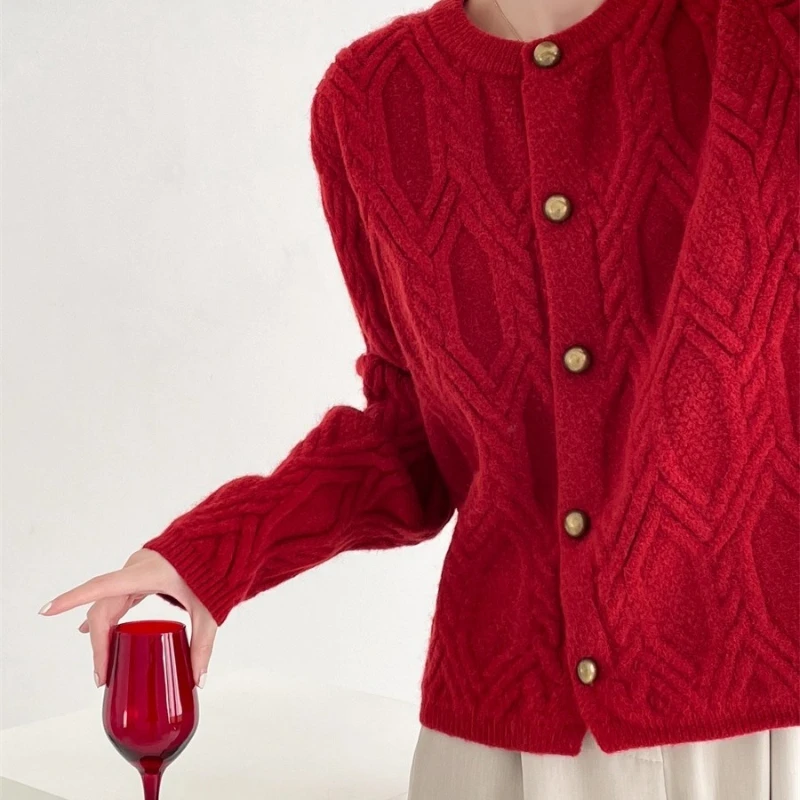 2025 Women's Warm Versatile For Autumn Winter Knitted Cardigan Woman Solid O-Neck Button Pearl Twist Flower Long Sleeve Sweater