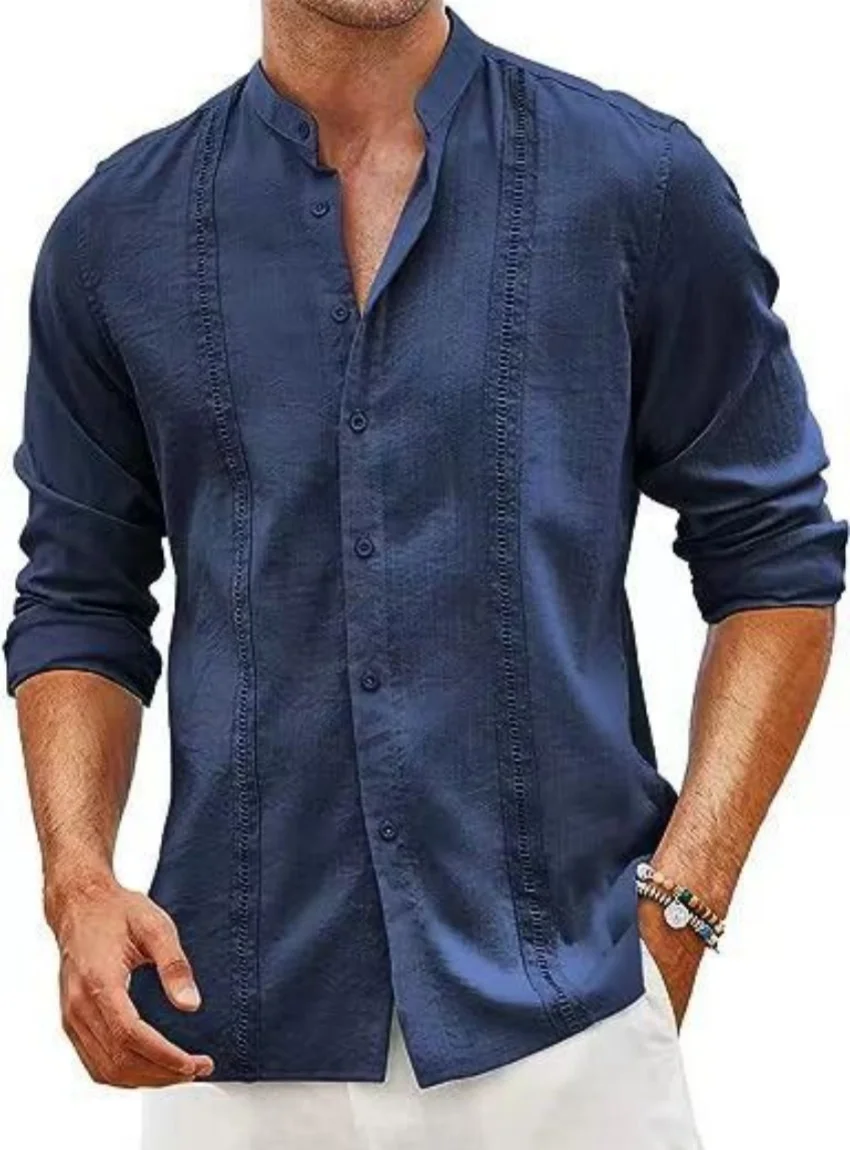 Autumn new cotton and linen blend men\'s casual slim stand collar single breasted business long sleeve shirt