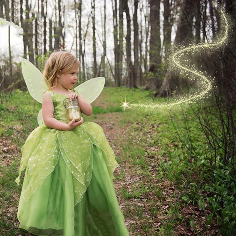 Cute Green Fairy Strap Dress for Girls Hallween Chirstmas Tiana Princess Ball Gown Mesh Bright Shine Performance Dresses 3-10Y