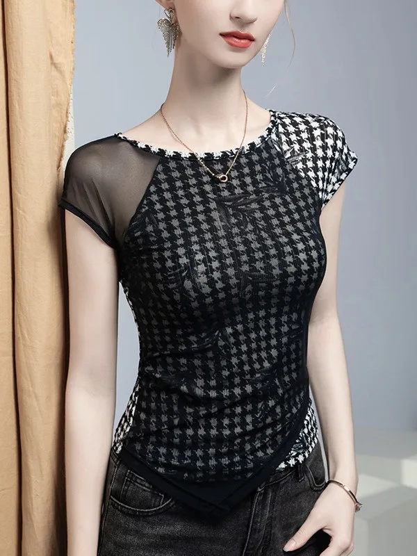 MadBlack-Women European T-Shirt, Sexy O Neck Houndstooth, Streetwear Short Sleeve Slim Fake 2 Pieces Tee, 2026 Summer T67369CC