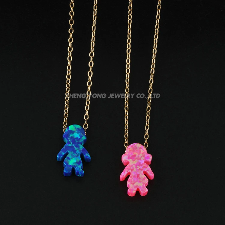 2024 Boy Girl Design Pendant Necklace Synthetic Fire Opal Silver Link Chain