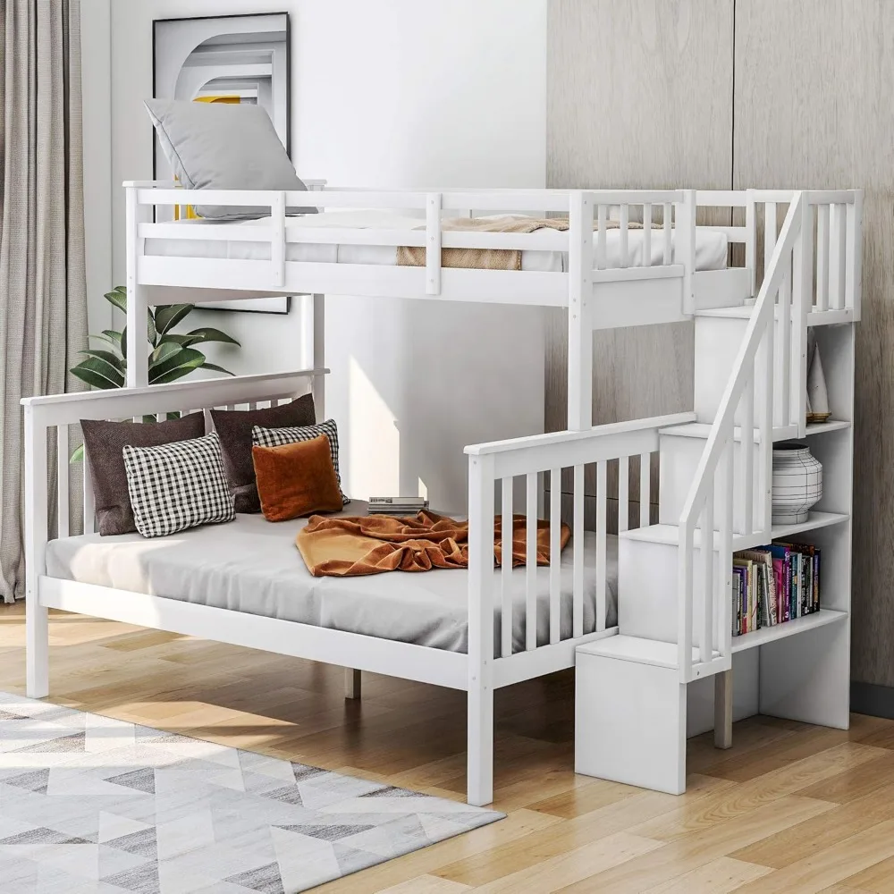 

Bunk Beds Twin Over Full Size with Stairs, Bed with Storage Open Shelves, Stairway Bunk Bed Convertible to 2 Separated Beds