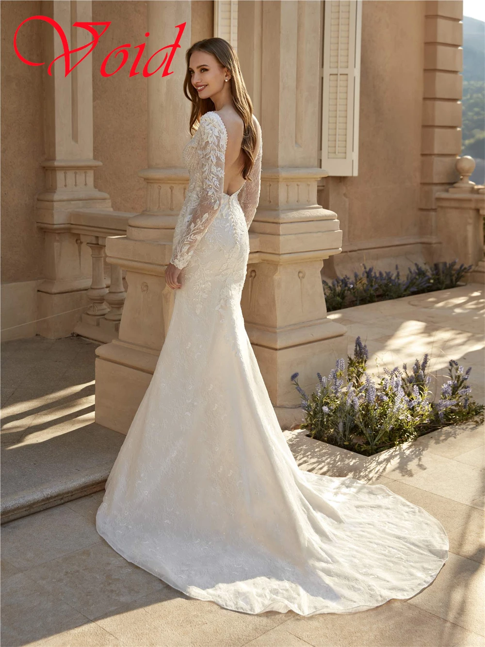 Abito da sposa in jersey bianco squisito personalizzato Temperamento Colletto quadrato Maniche lunghe Abiti da sposa sexy senza schienale per festa nuziale
