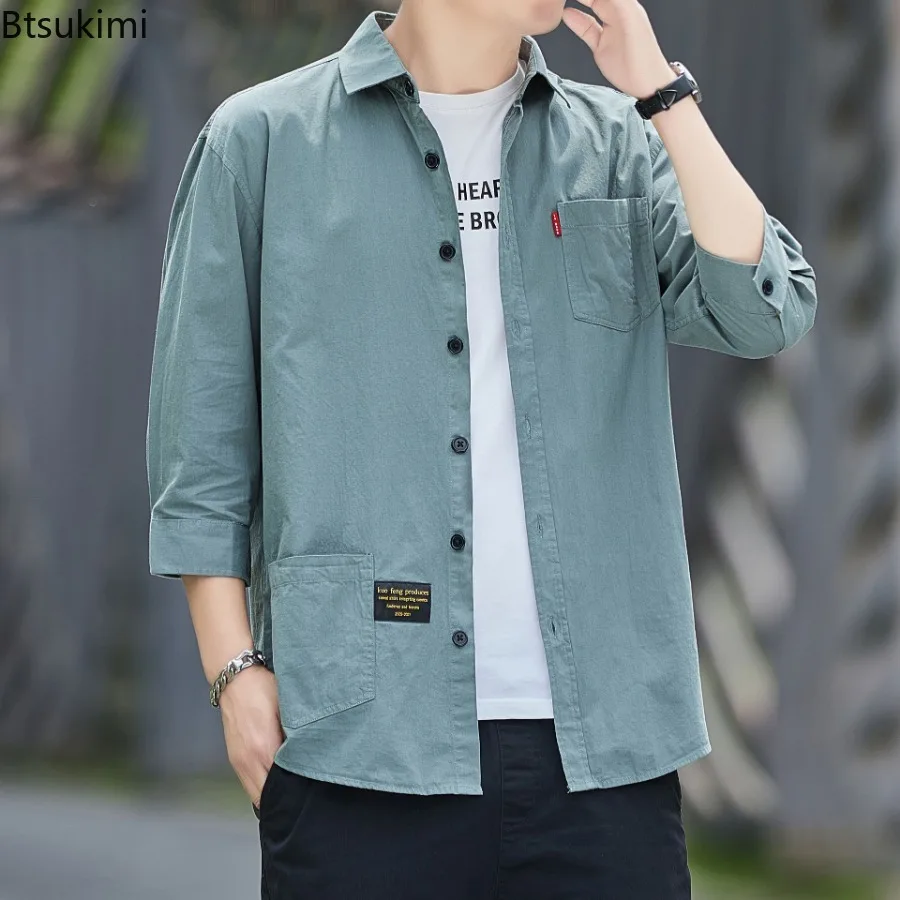 100% Cotton Shirts for Men 2025 Fashion Seven-half Sleeve Men Loose Casual Shirt Coats Breathable Work Shirt Streetwear Man Tops