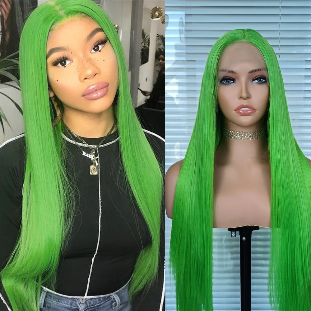 

RONGDUOYI Green Synthetic Lace Front Wig Long Straight Hair Heat Resistant Lace Wig For Women Synthetic Wig Green Wig Daily Use