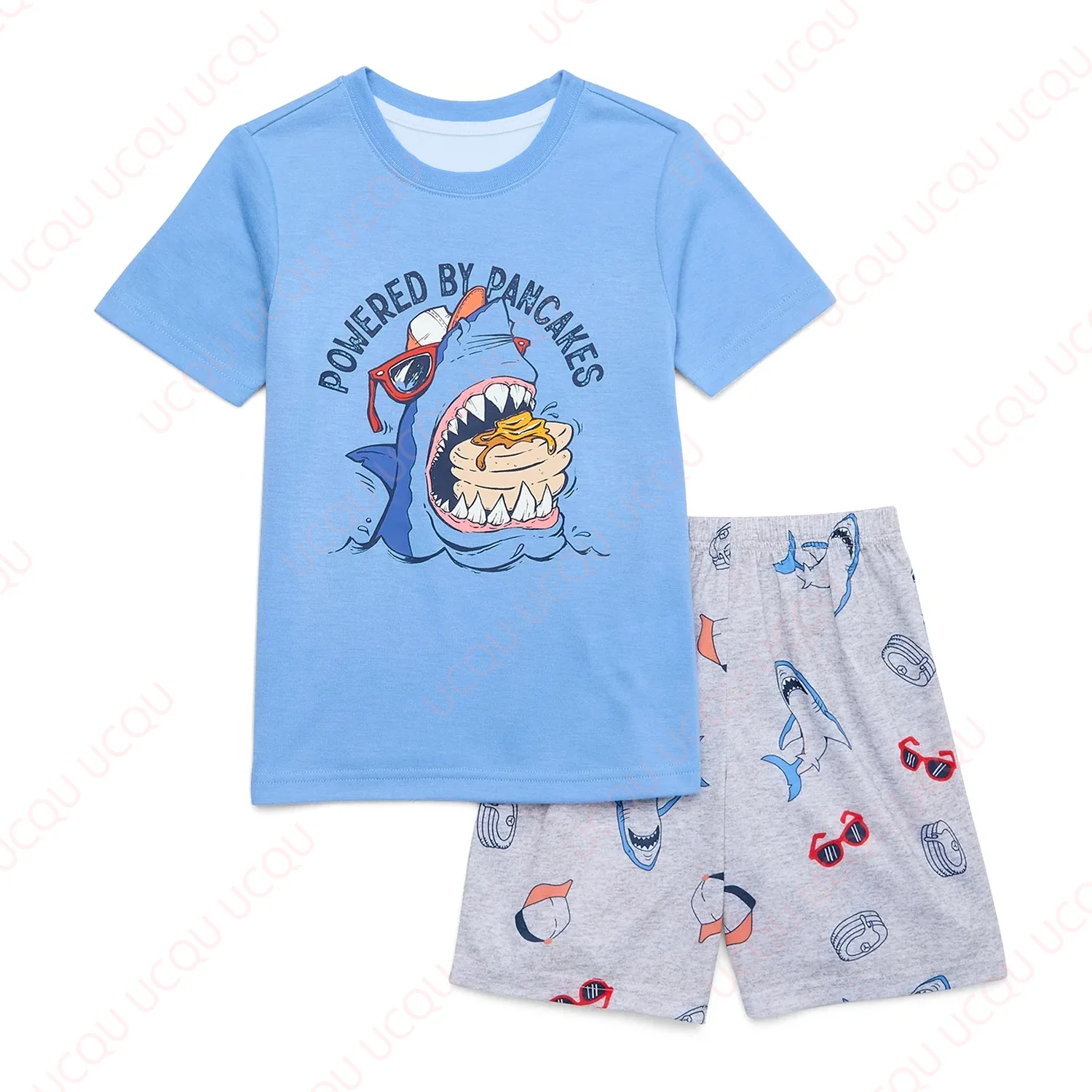 

Powered By Pancakes Short Sleeve T-Shirt 2-Piece Set Men and Women Summer Loose Outfit Hot Sale Faddish Casual T-shirt Set