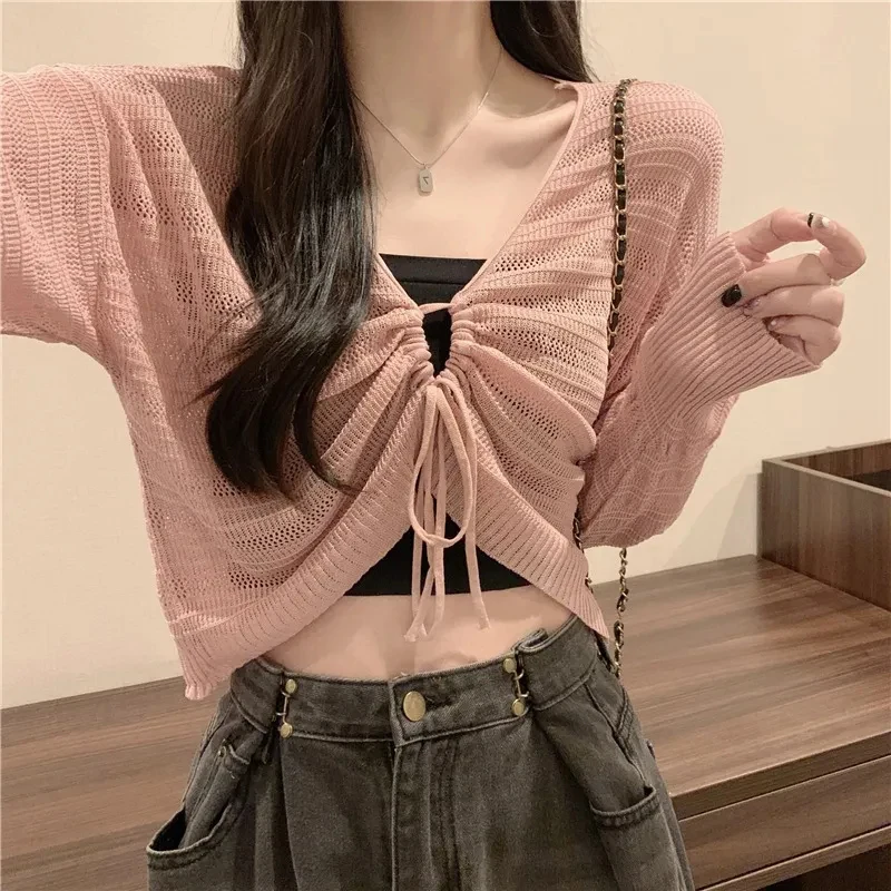 Gidyq Pink Hollow Out Cardigan Women Sweet Kawaii Slim Ladies Shirt Solid All Match Drawstring V Neck Female Top Summer New