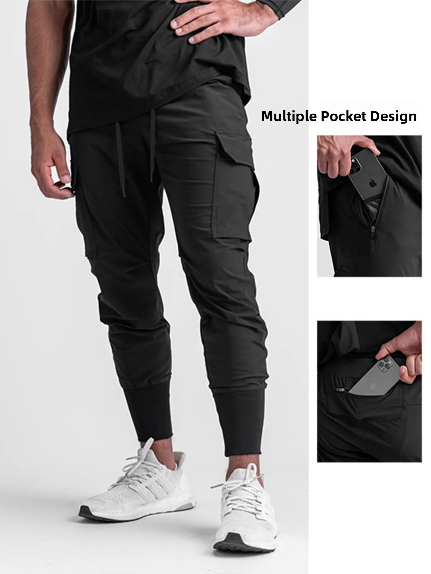 

American Sle Men's Casual Pants Spring Autumn Pure Color Slim Fit Cuffed Pants Multiple kets Qui Dry Sports Long Trousers