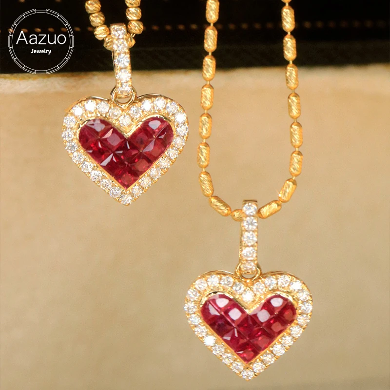 Aazuo Luxury design 18K Yellow Gold Natural Ruby Lovely Heart Shape Pendent With Chain Necklace gifted for Women Au750 18 Inch