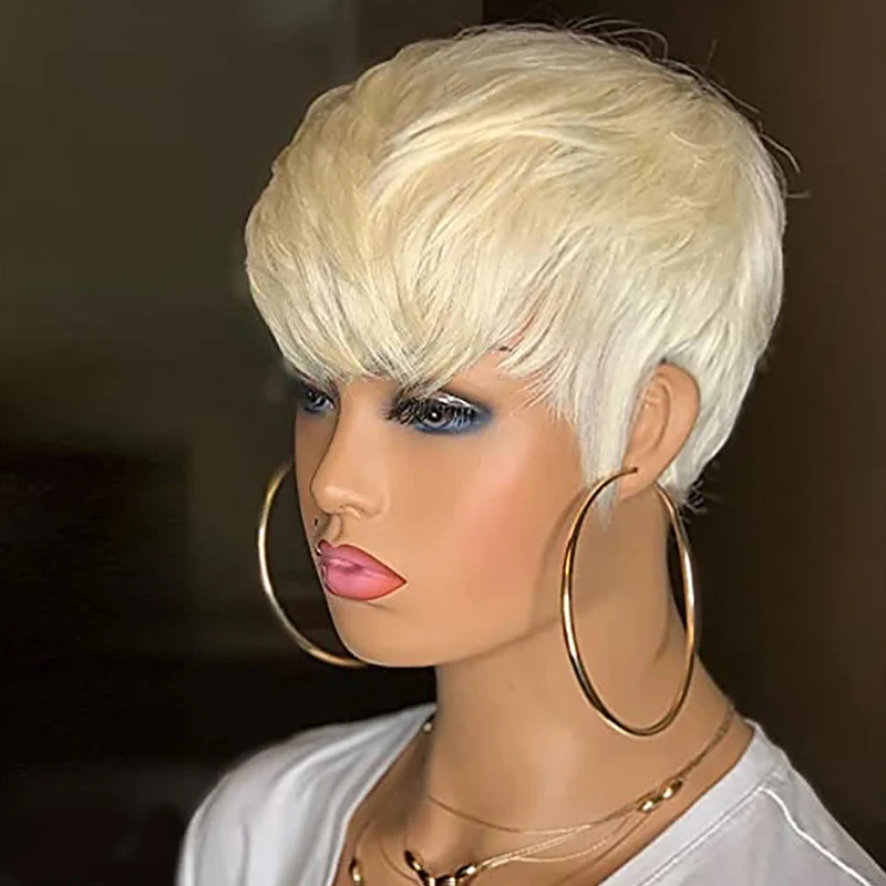 Honey Blonde Glod 613# Cheap Synthetic Short Hair Pixie Cut Straight With Bangs Style Machine Made No Glue Wigs For Women