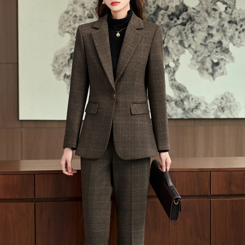 Navu terno profissional feminino high end novo temperamento xadrez casual fino manga longa blazer e calças escritório senhoras trabalho wear