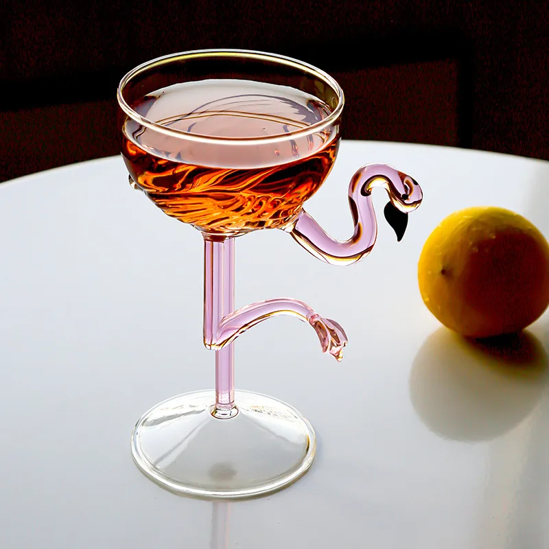 1 Piece 200ml/6oz Elegant Two Tone Clear Pink Flamingo Goblet Glass Champagne Coupe Martini Cocktail Glasses Cup for Bar Party